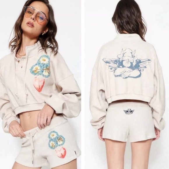 Boys Lie Tops - Boys Lie Locked In Henley Cropped Sweatshirt & Shorts Matching Set S